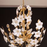 Large Size Vintage Murano Glass Chandelier White Flowers, 1970