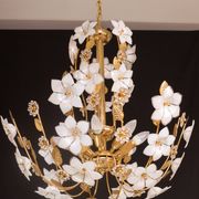 Large Size Vintage Murano Glass Chandelier White Flowers, 1970