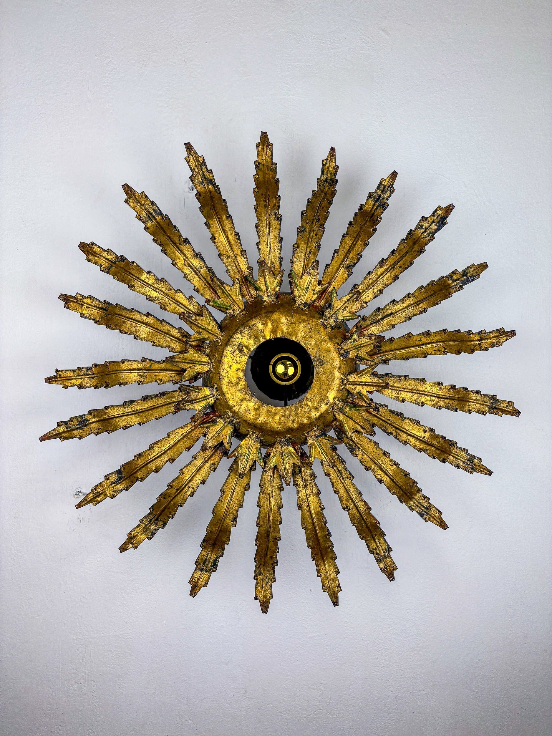 Large French sunburst flower leafed light fixture in gilt metal, 1960s