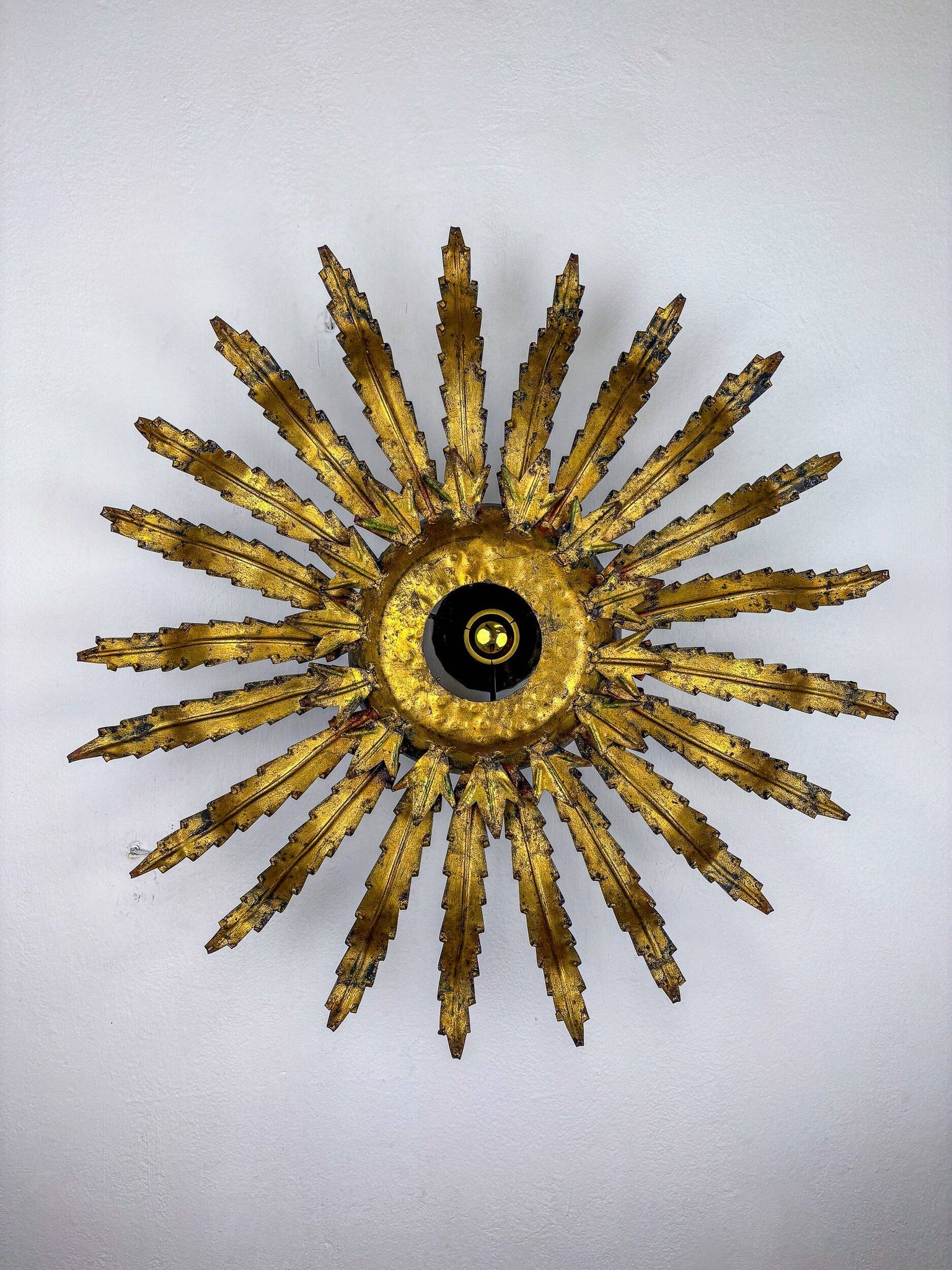 Large French sunburst flower leafed light fixture in gilt metal, 1960s