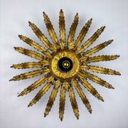 Large French sunburst flower leafed light fixture in gilt metal, 1960s