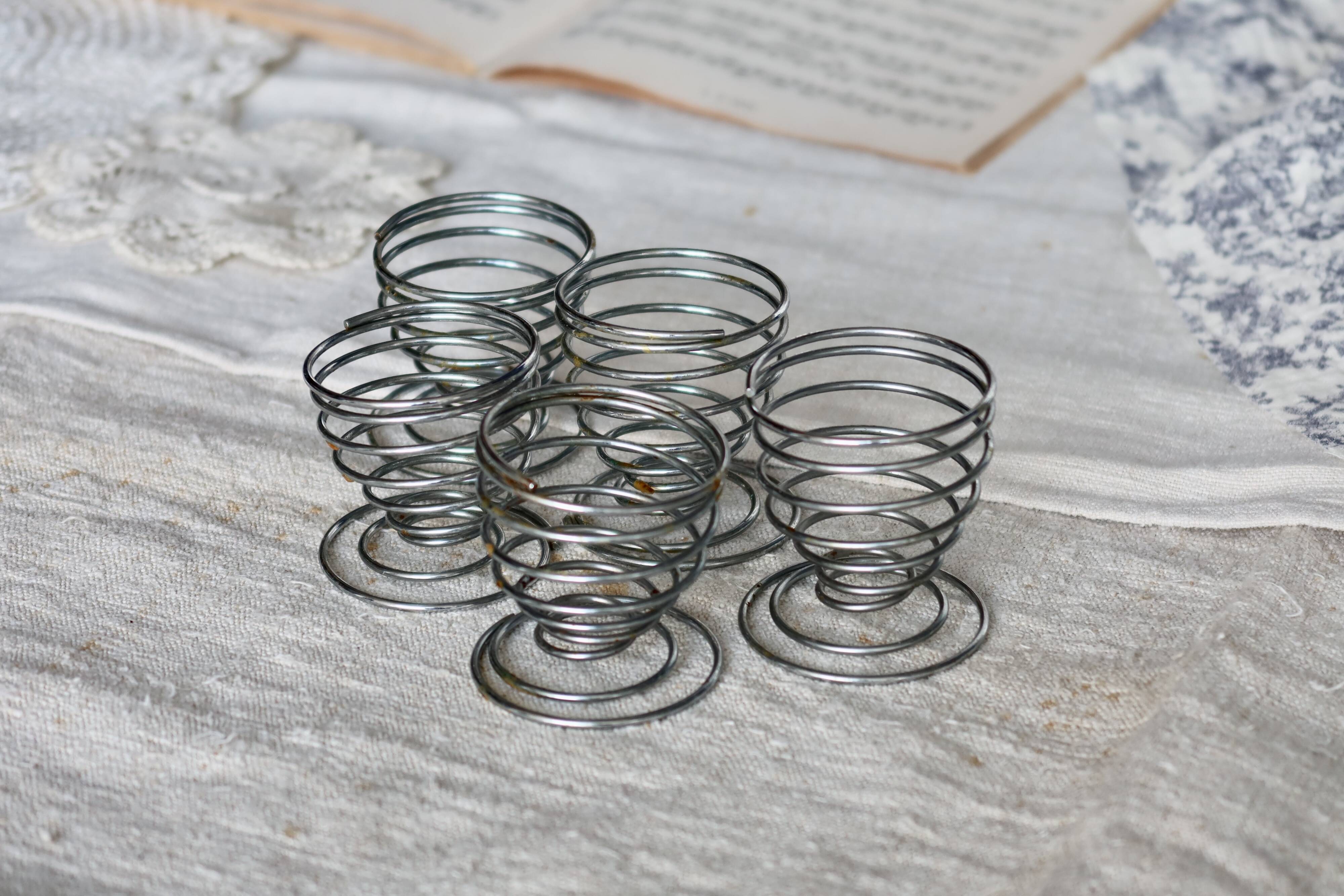 5 vintage silver metal spring egg cups