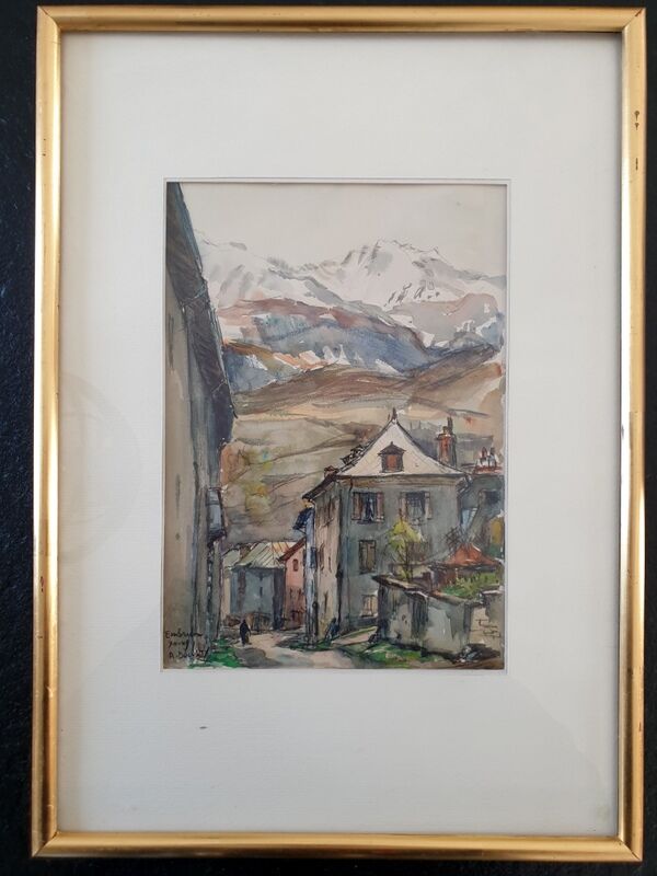 Aquarelle sur papier "Village d'Embrun (05)" Signée en bas à gauche, titré, André Duculty