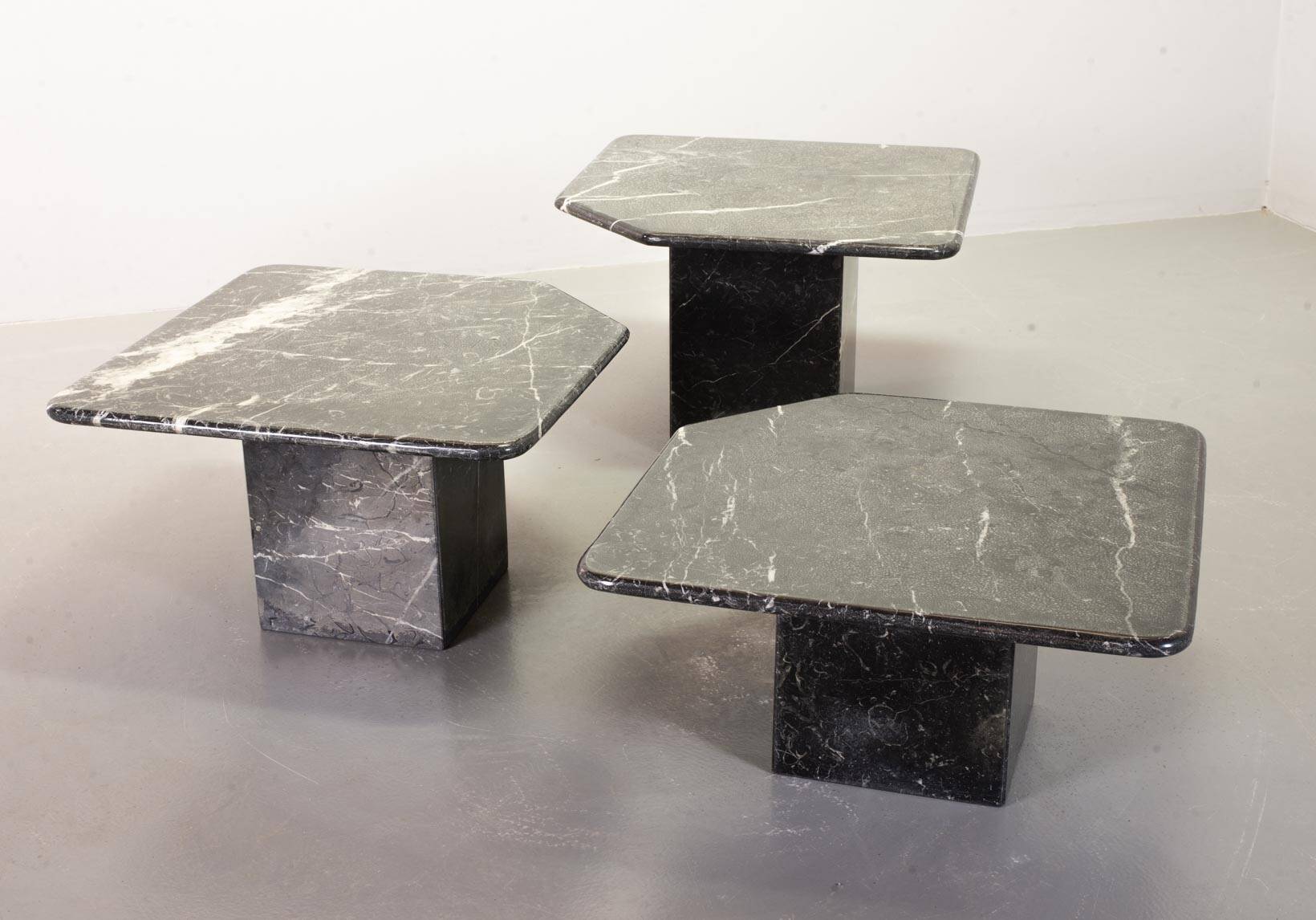 Italian Trio of Black Carrara Marble Side Tables with Oblique Angle, 1970s.