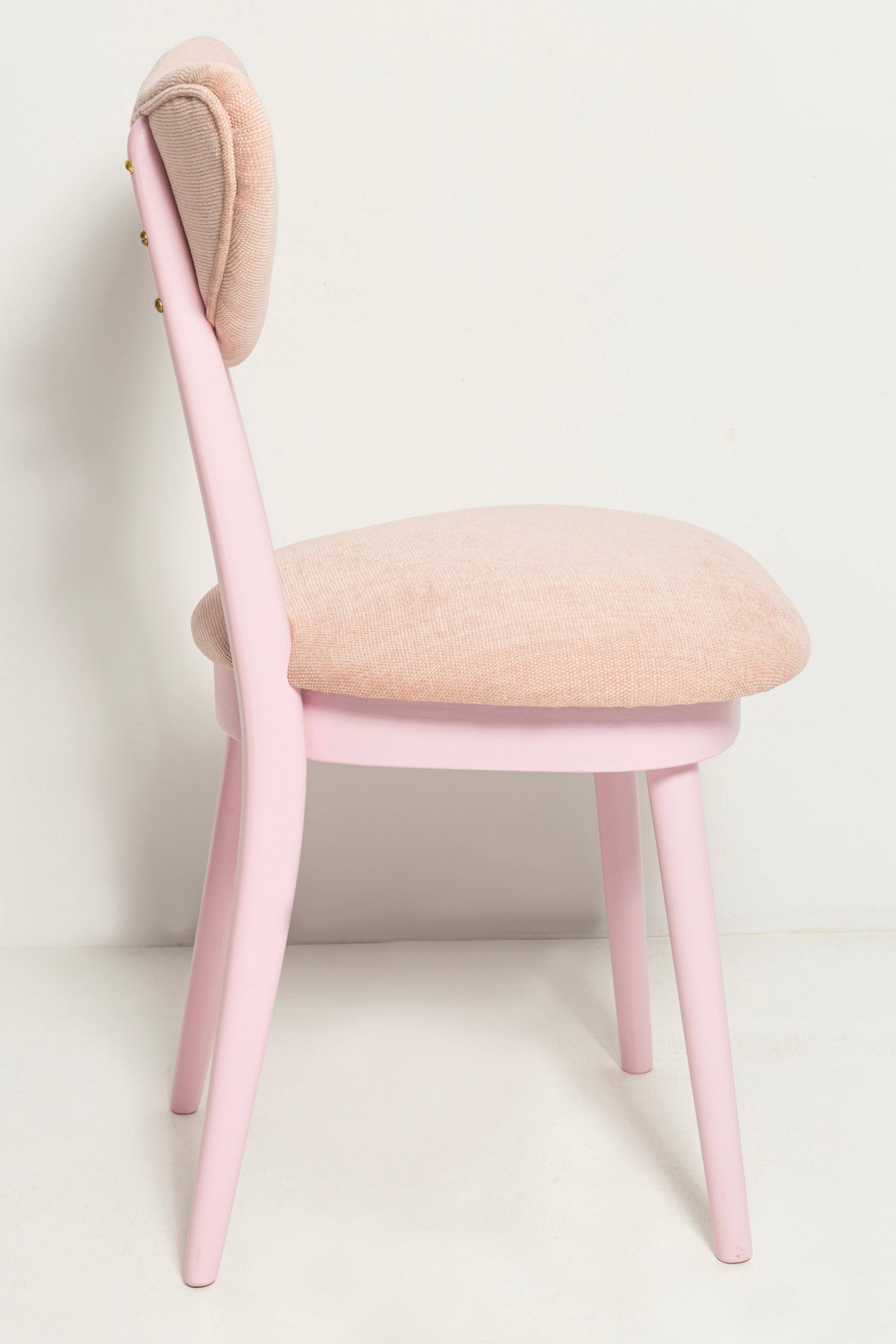 Mid-century heart-shaped chair, light pink chenille fabric, painted pink wood, Europe, 1960s.