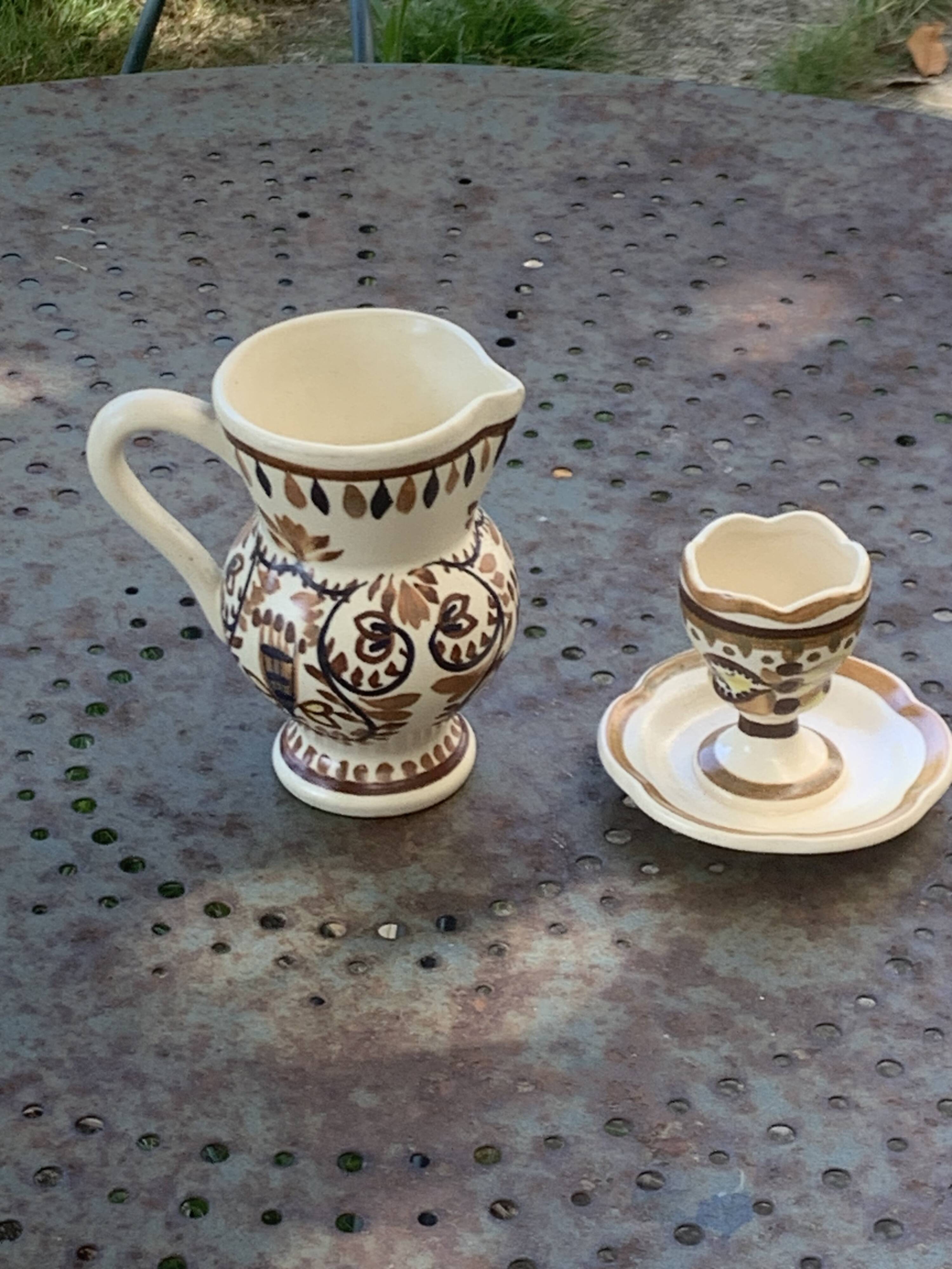 Egg cup and pitcher in handcrafted enameled ceramic, hand-painted brehat