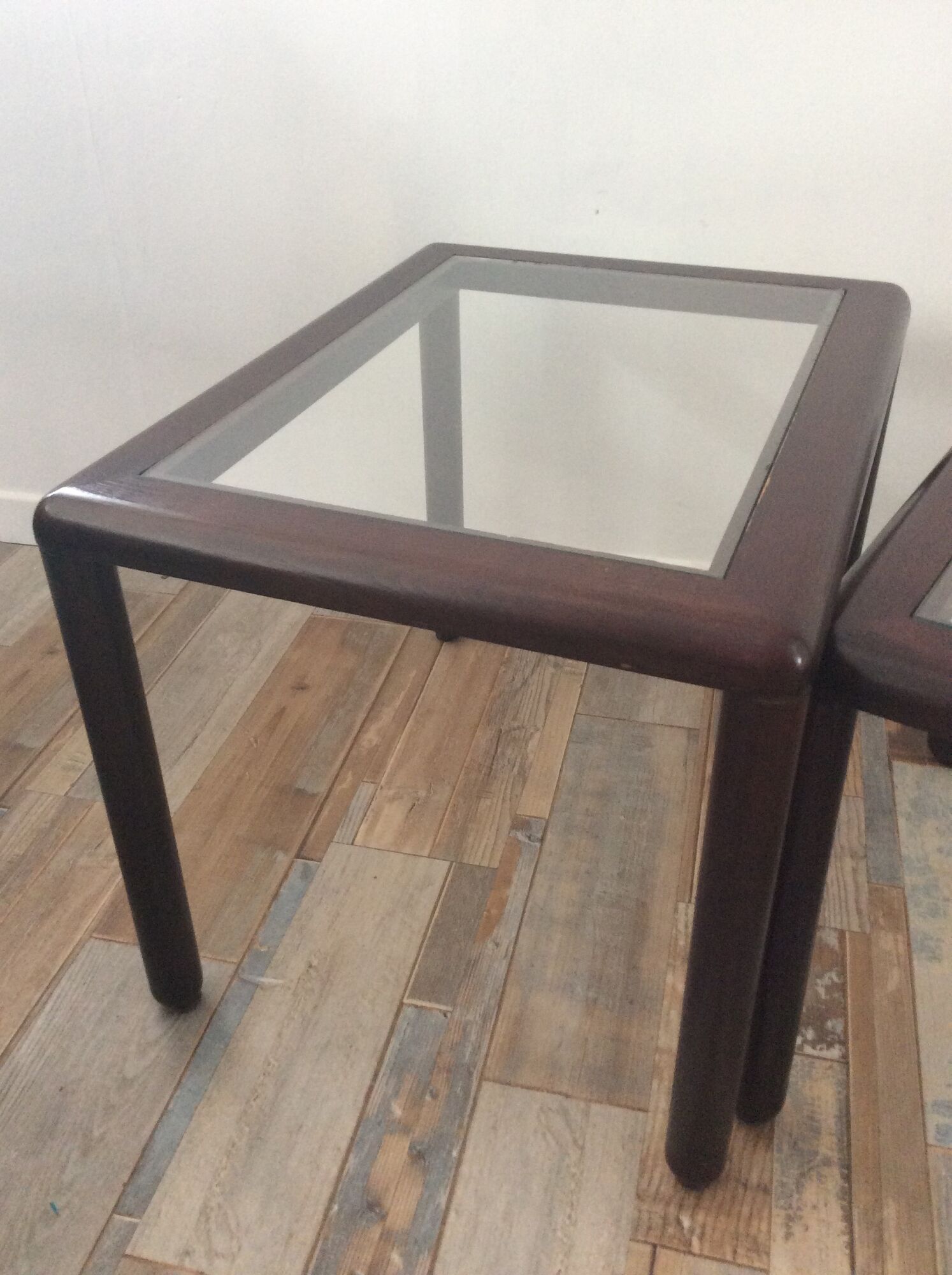 Series of 3 wooden and glass tables from the 70s