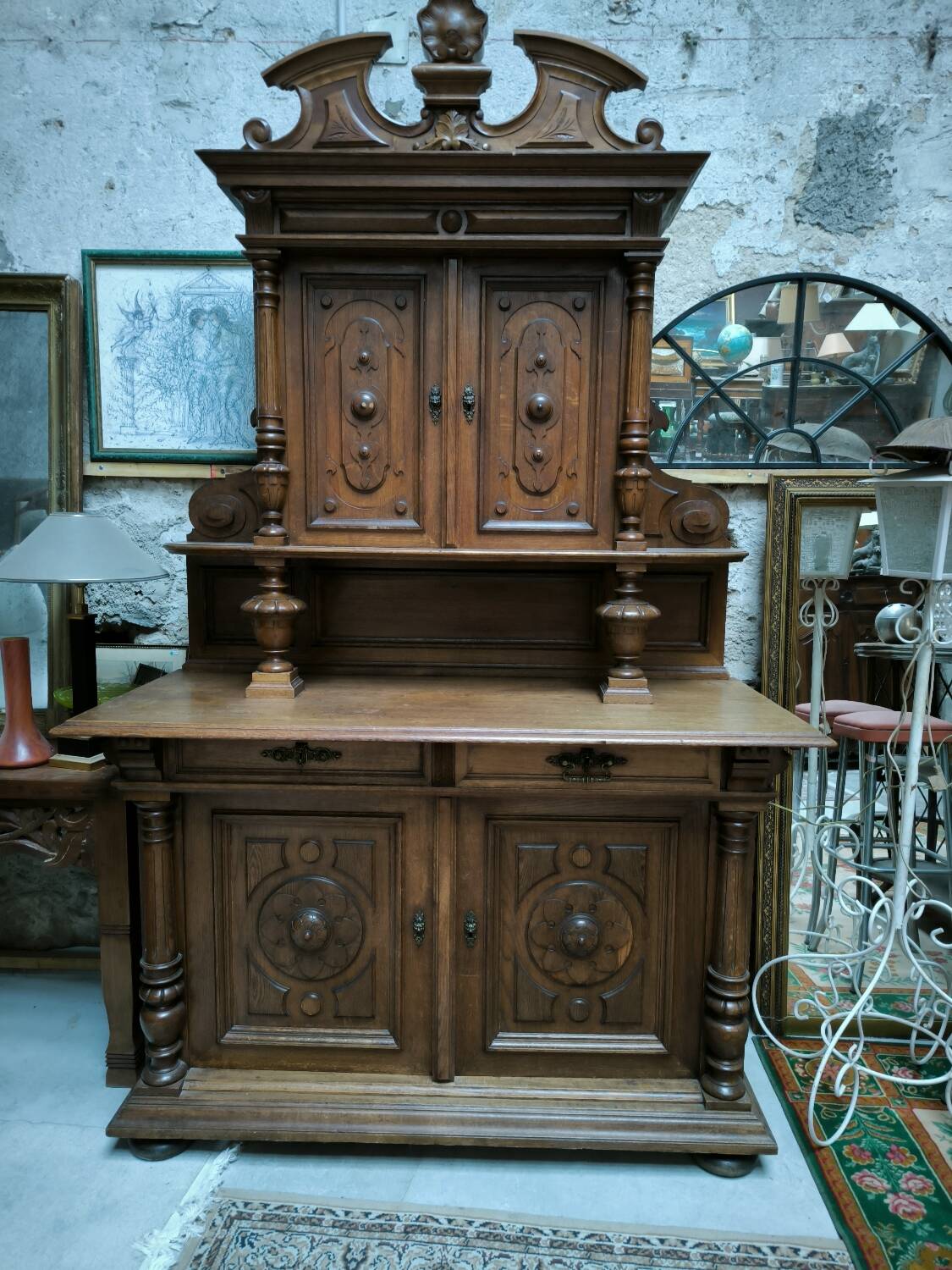 Two-part solid oak buffet circa 1880