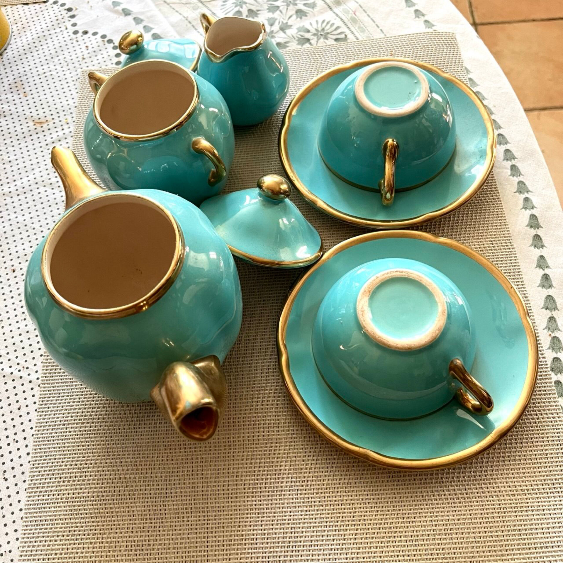 Vintage turquoise and gold ceramic tea set – teapot, sugar bowl.