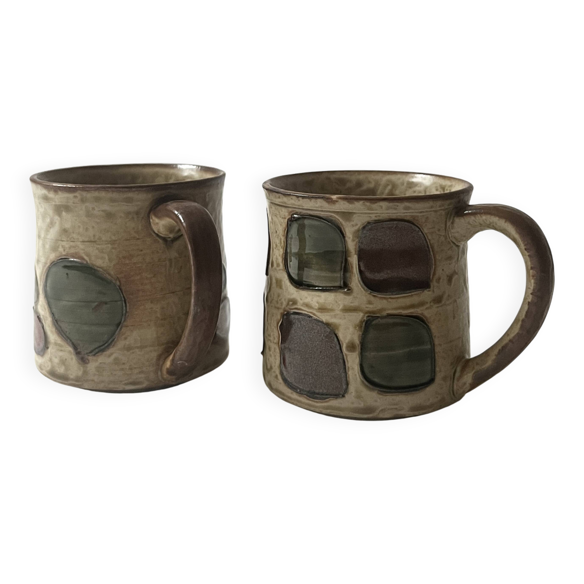 Set of 2 glazed ceramic coffee mugs from around 1970.