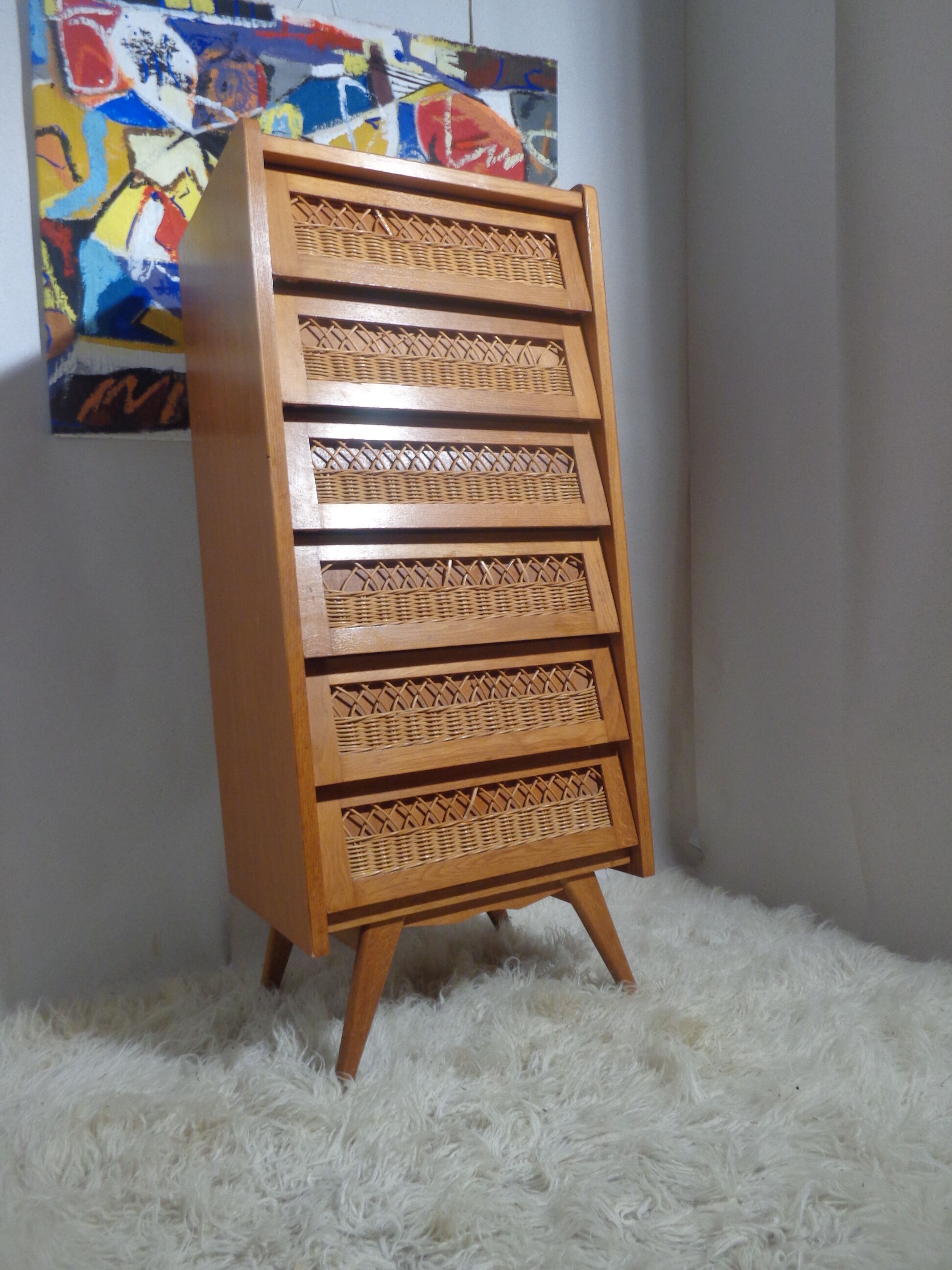 Chest of drawers vintage wood and rattan of the 50 feet compass