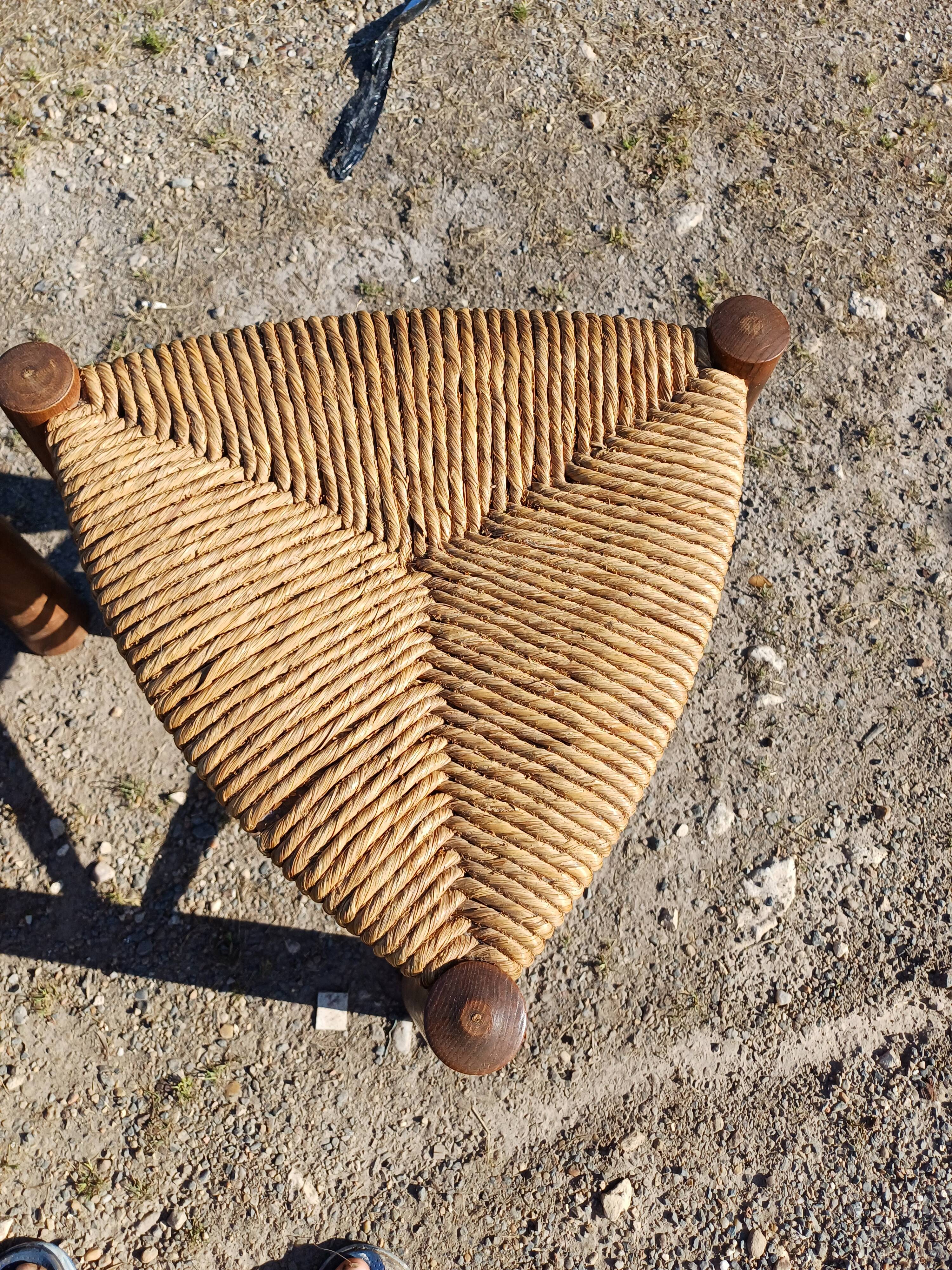 4 Vintage Tripod Triangle Wooden and Straw Stools Circa 1950