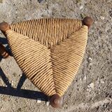 4 Vintage Tripod Triangle Wooden and Straw Stools Circa 1950