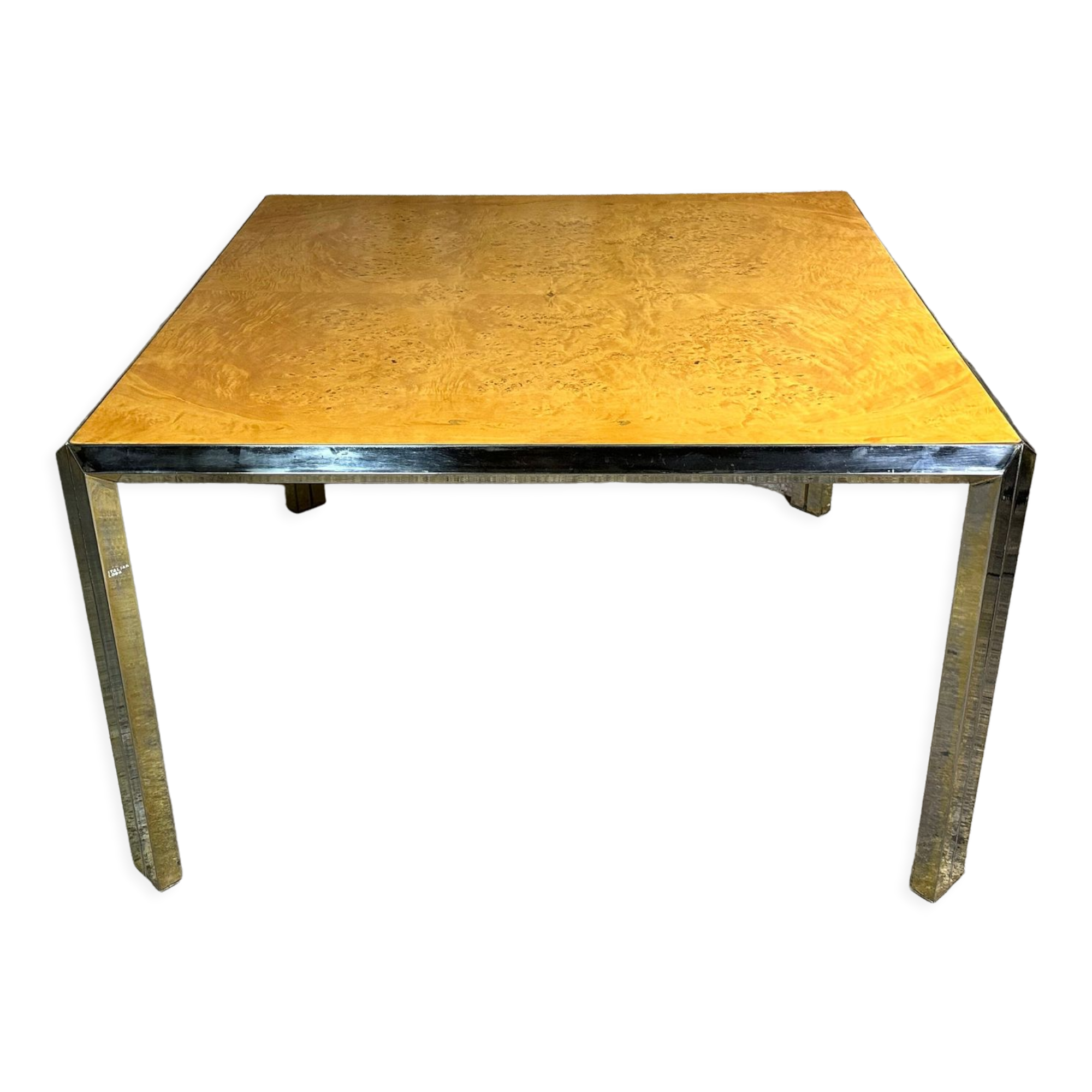 Square table vintage 70 Italian metal moiré and elm magnifying glass