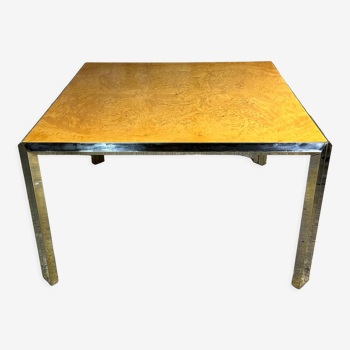 Table carrée vintage 70 italienne en métal moirée et loupe d'orme