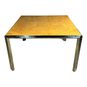 Table carrée vintage 70 italienne en métal moirée et loupe d'orme