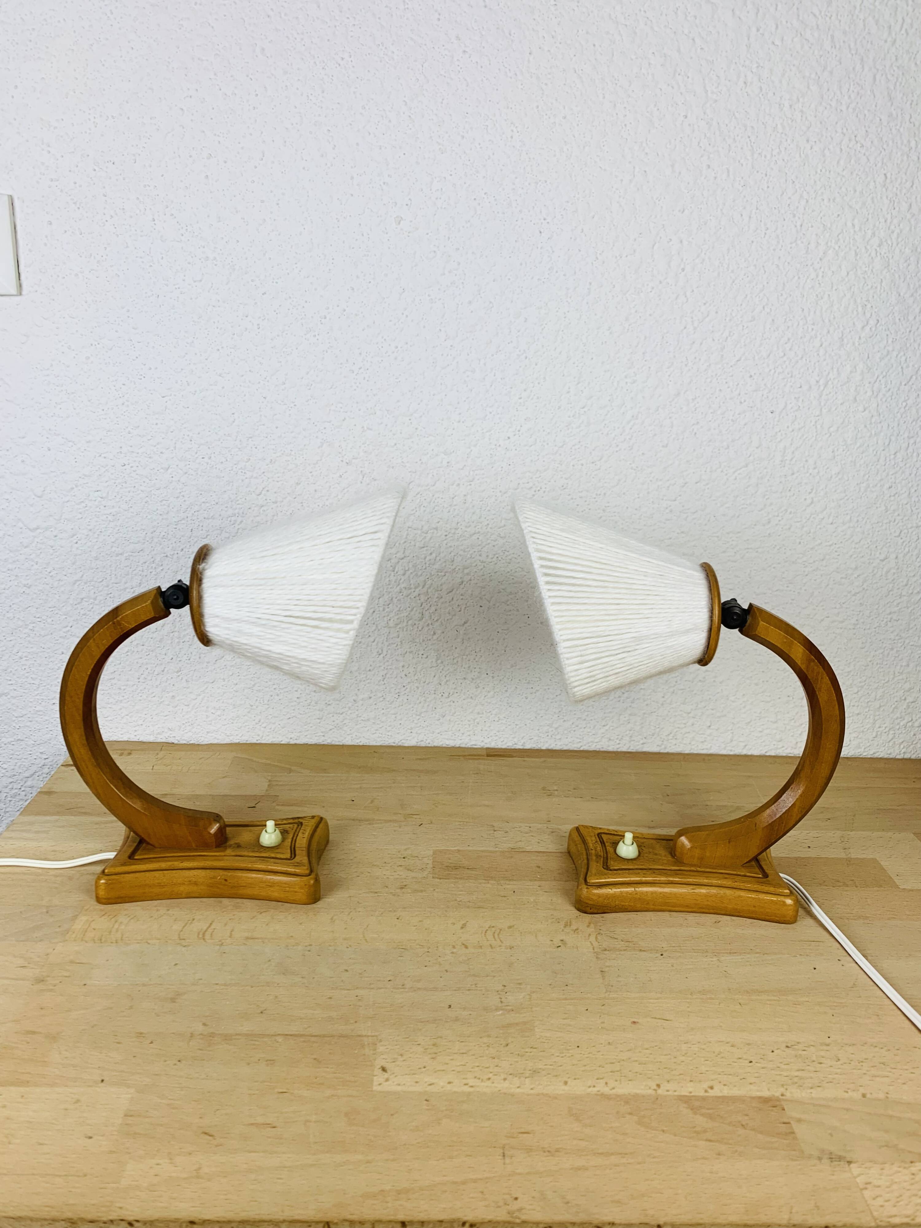 Pair of art deco lamps in curved wood and wool