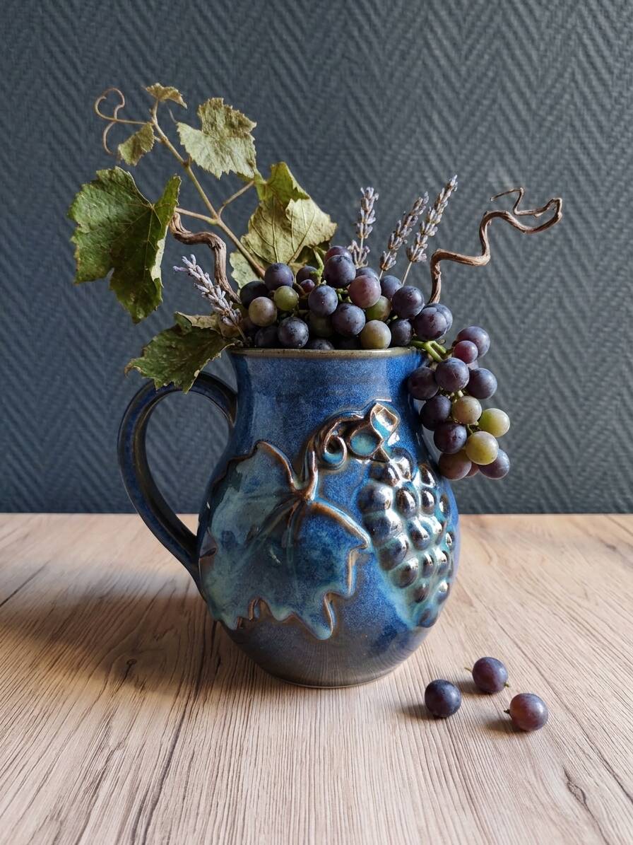 Vintage Blue Stoneware Jug with Grape Cluster Pattern, Ceramic Vase