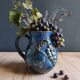 Vintage Blue Stoneware Jug with Grape Cluster Pattern, Ceramic Vase
