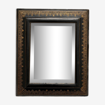 Miroir biseauté ancien reliure cuir noir et doré Napoléon III