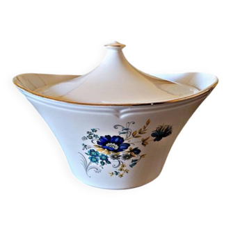 Soup tureen Moulin des Loups Volubilis, blue flowers and gilding