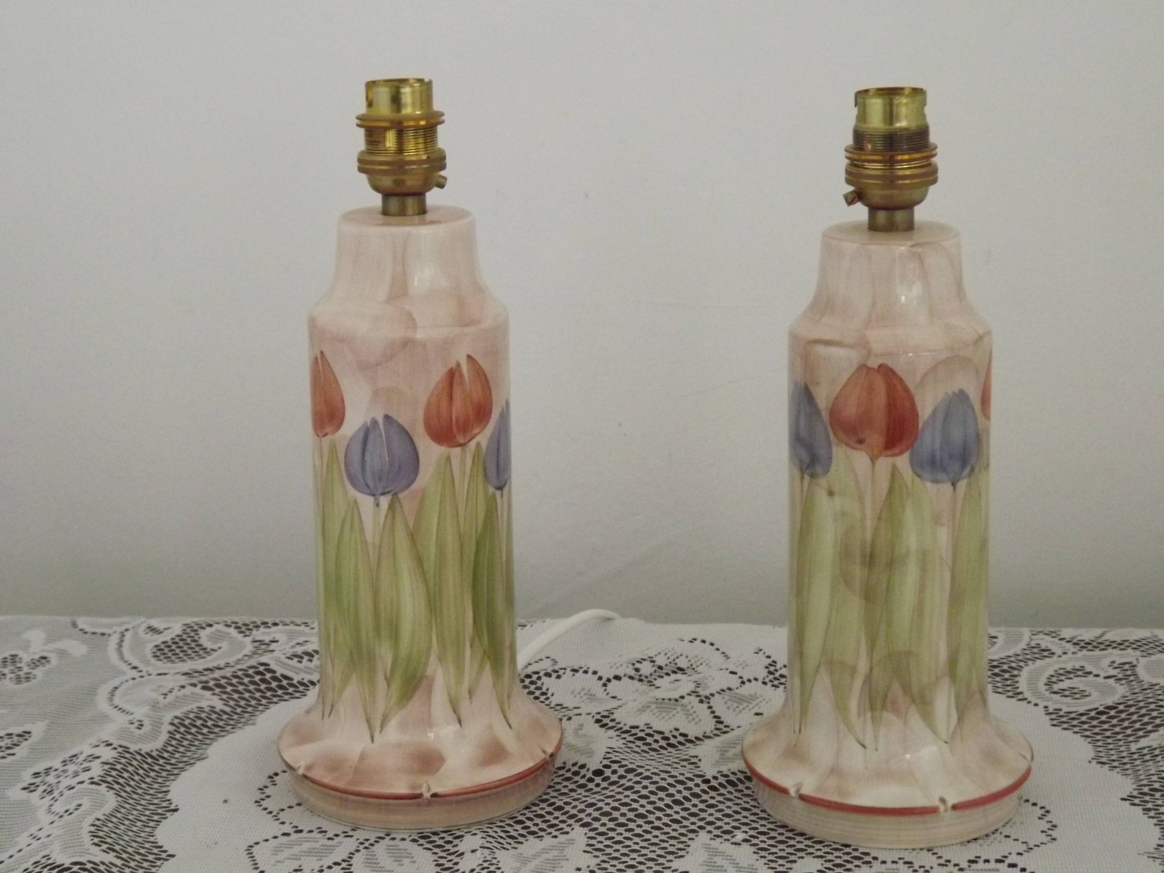 Set of 2 Hand-Painted Jersey Pottery Tulip Design Table / Bedside Lamps