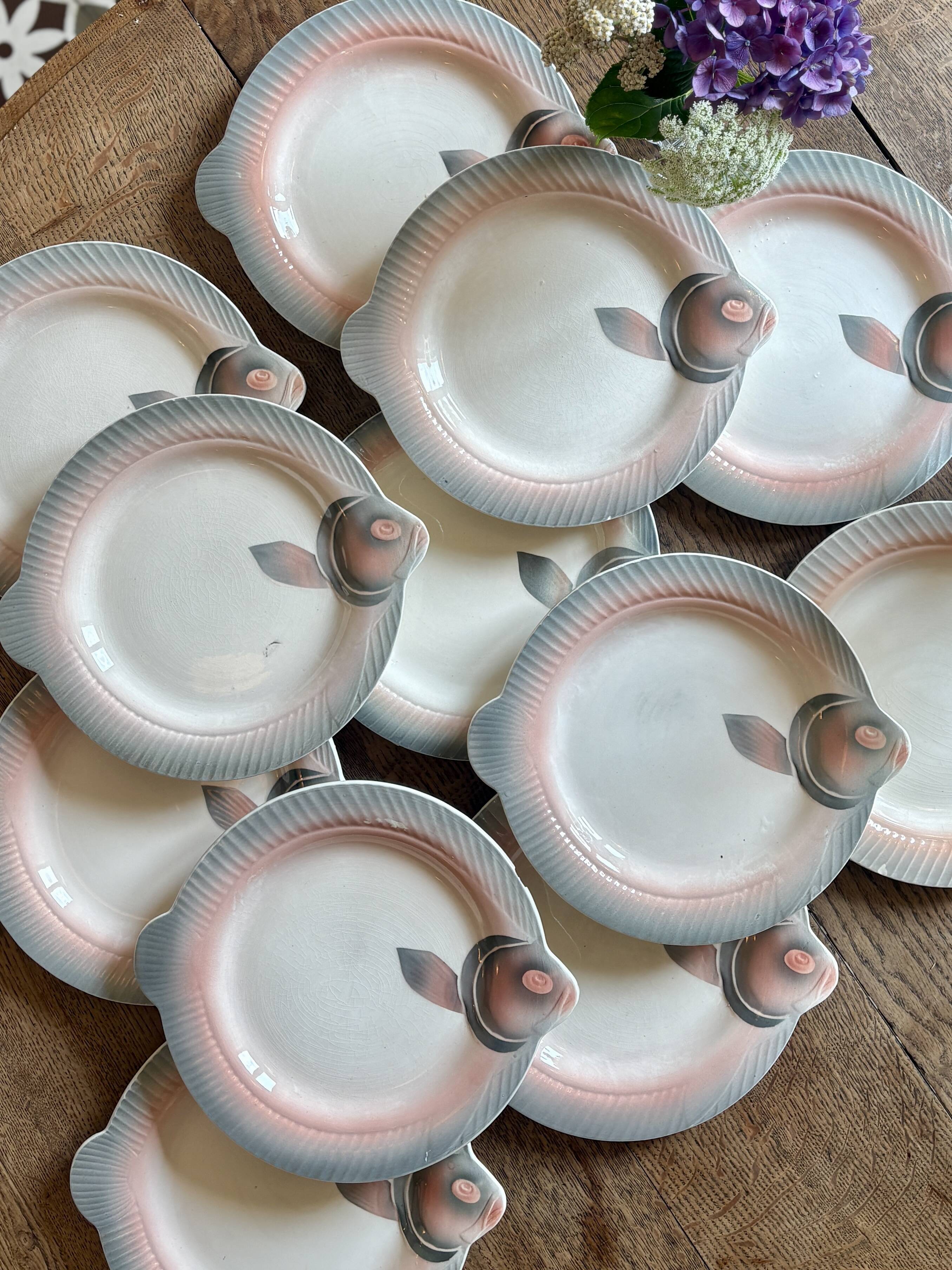 Set of 12 vintage pink and gray fish-shaped plates - Digoin
