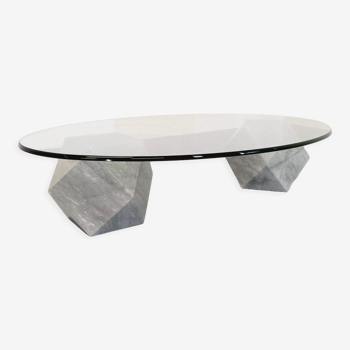 Vintage vignelli oval italian coffee table for casigliani in marble and glass from the 70s