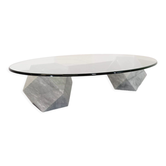 Vintage vignelli oval italian coffee table for casigliani in marble and glass from the 70s