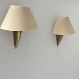 Pair of vintage brass and beige fabric wall lights, France 1970