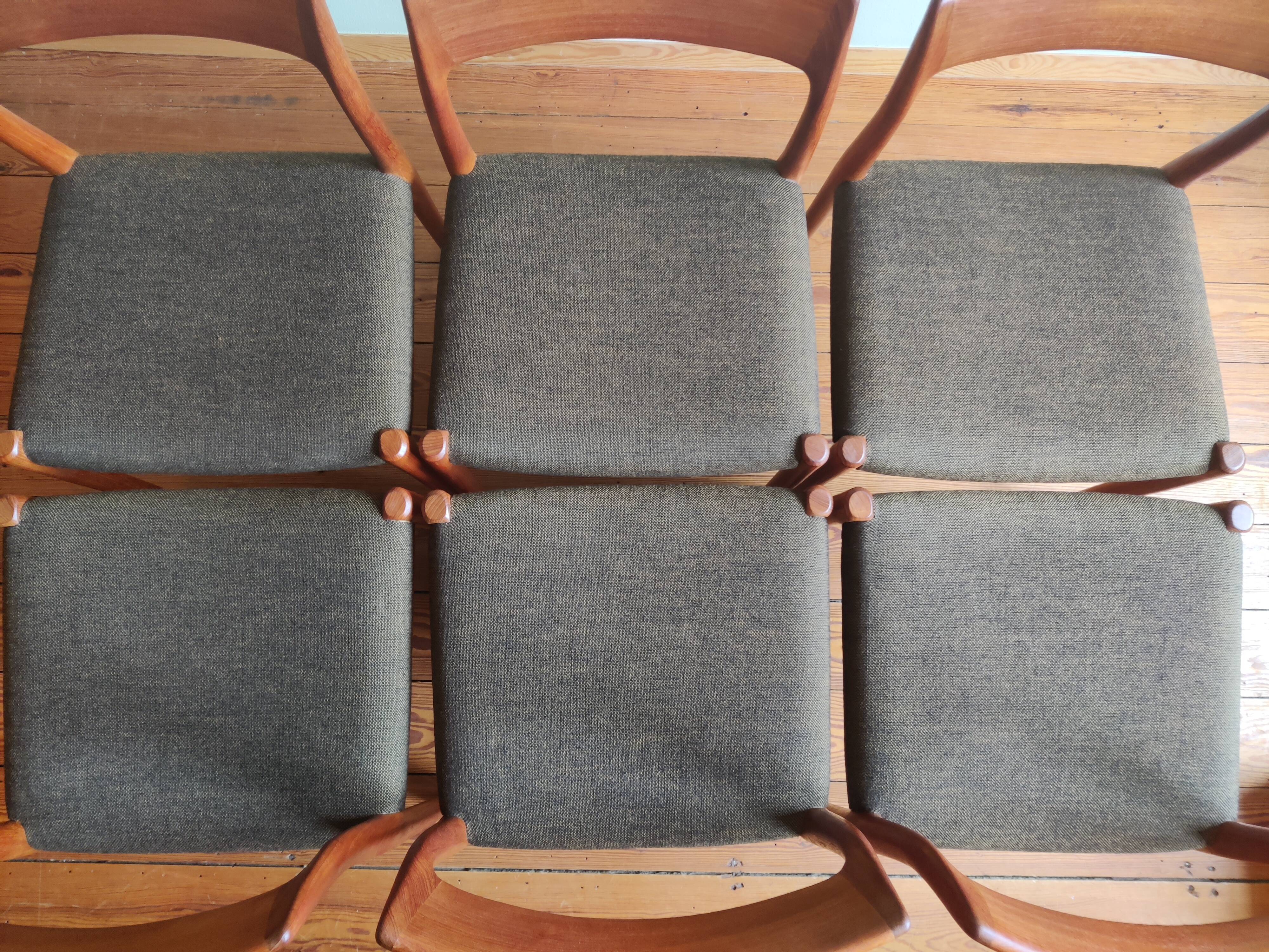 Niels Otto Møller No. 77, 6 chaises, teck et textile