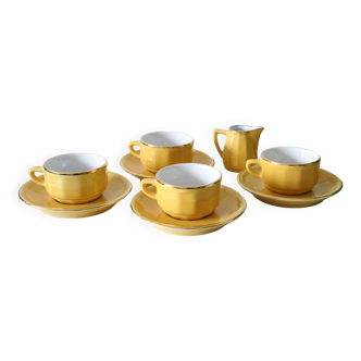 Set of 4 cups and saucers and milk jug, Apilco, Yves Deshouillères, vintage