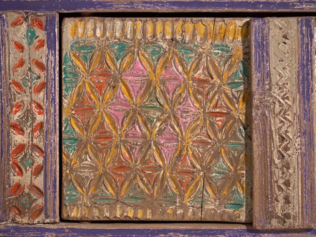 Antique polychrome carved low cabinet in pine – Xinjiang, circa 1900