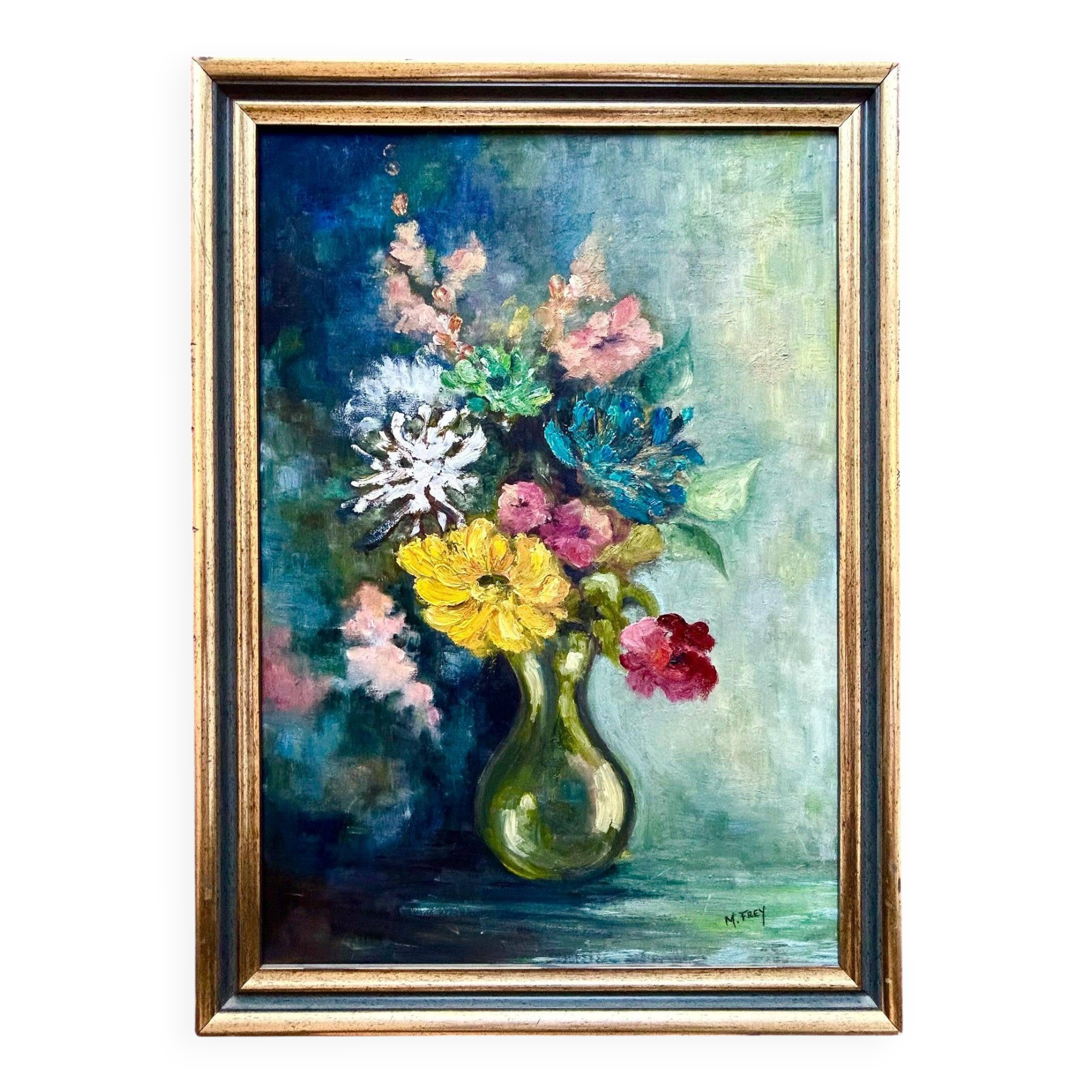 1950s Vintage French Floral Oil Painting • Impressionist Bouquet in Vase