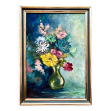 1950s Vintage French Floral Oil Painting • Impressionist Bouquet in Vase