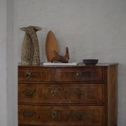 18th century, antique Danish baroque serpentine chest of drawers in walnut.