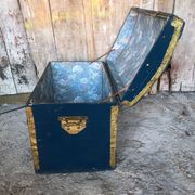 Old vintage blue & gold wood storage chest #a127