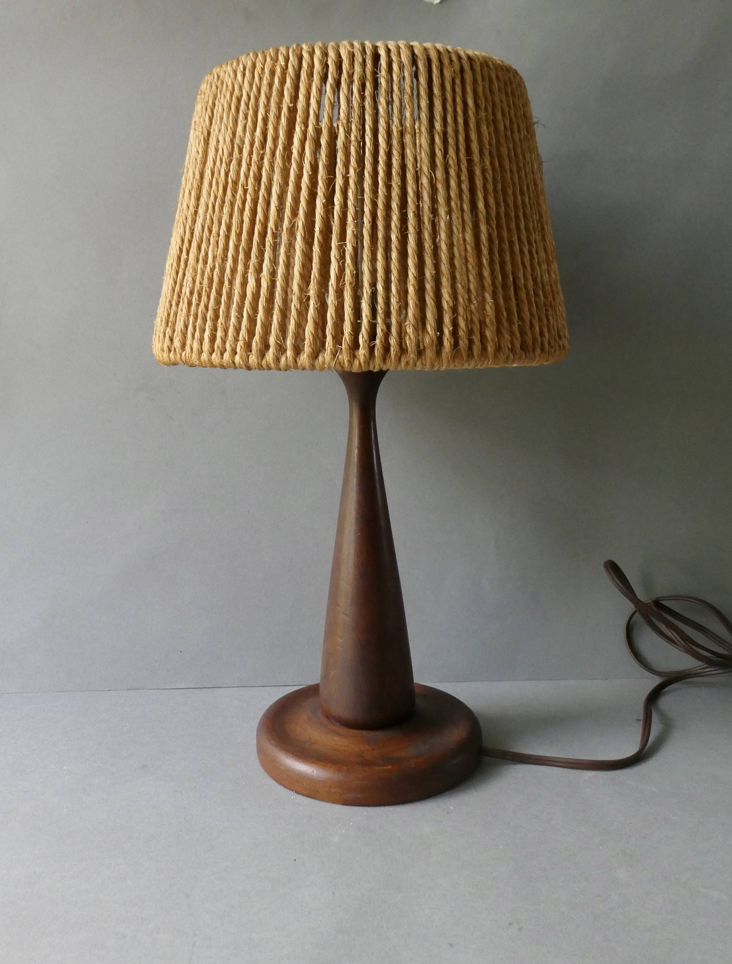 Teak lamp with a rope shade, around 1950.