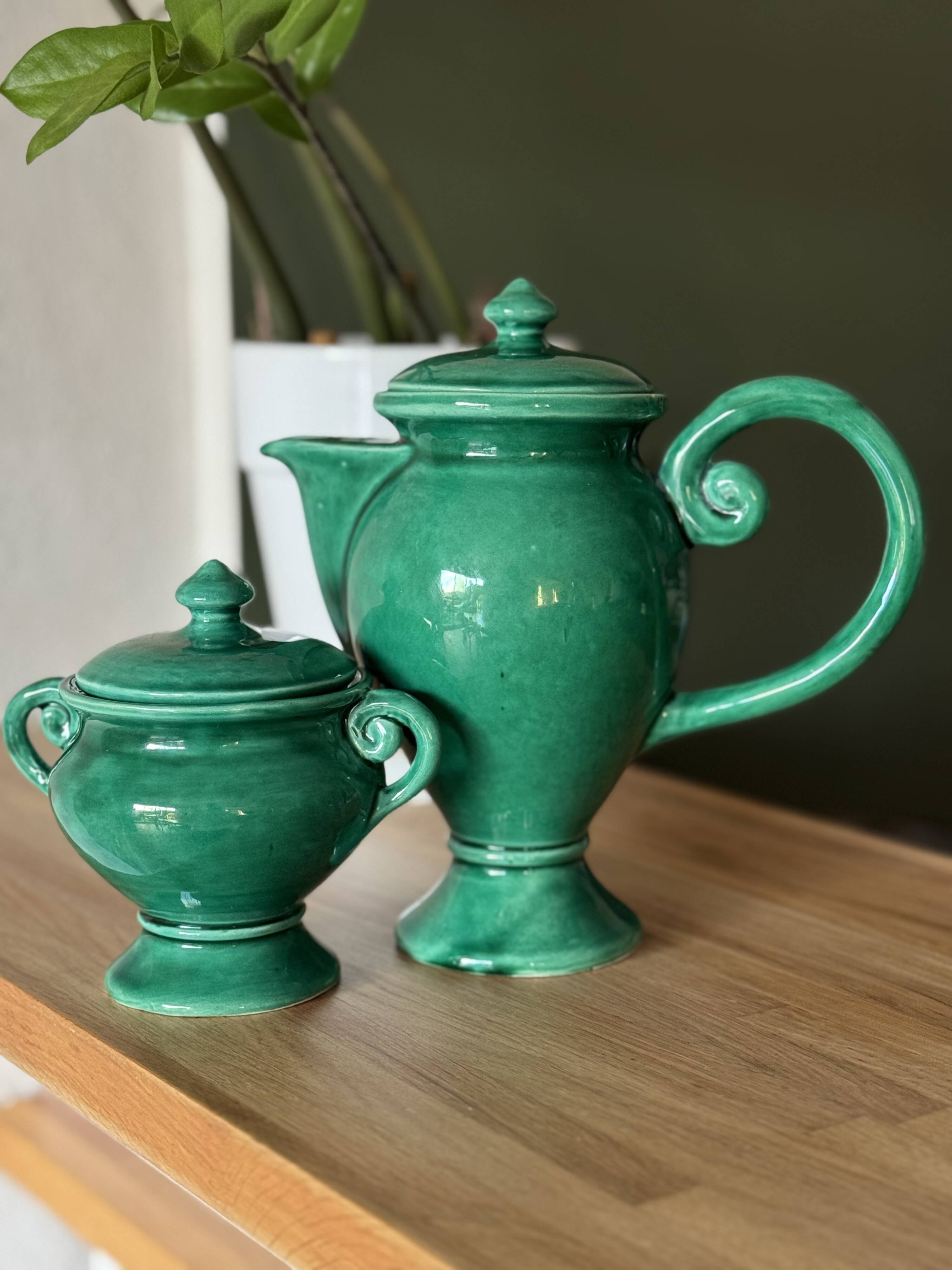 Ceramic glazed green jug and sugar bowl set, Vallauris