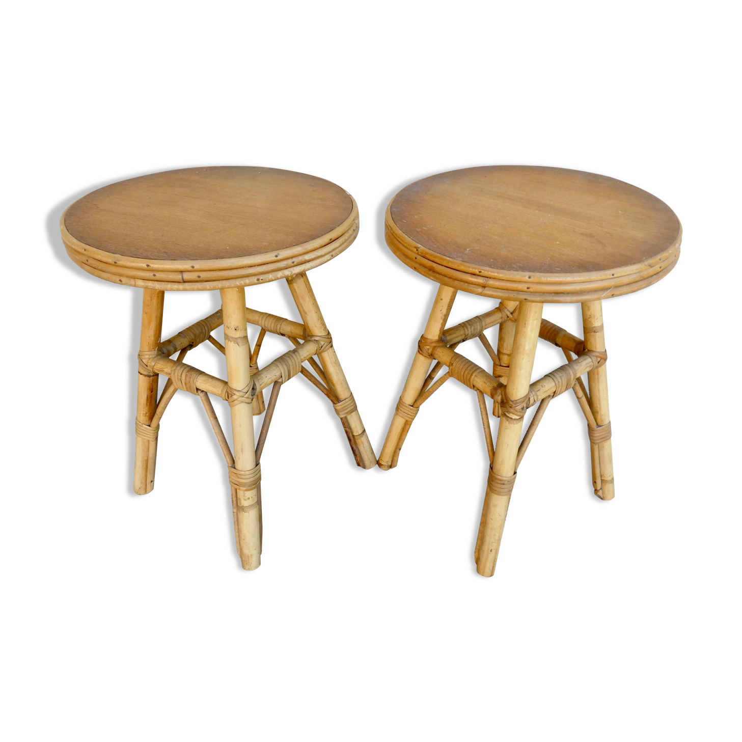 Pair of rattan and wood stools, vintage
