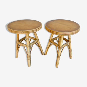 Pair of rattan and wood stools, vintage