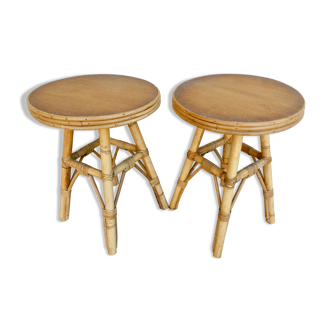 Pair of rattan and wood stools, vintage