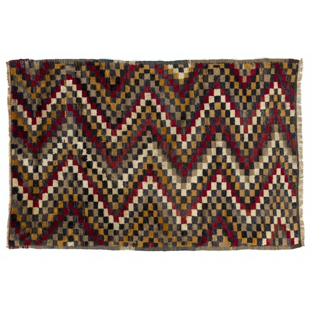 Vintage Hand-Knotted Turkish Tulu Rug with Checkered Zigzag Design in Red, Yellow, Gray and Brown, 100% Wool