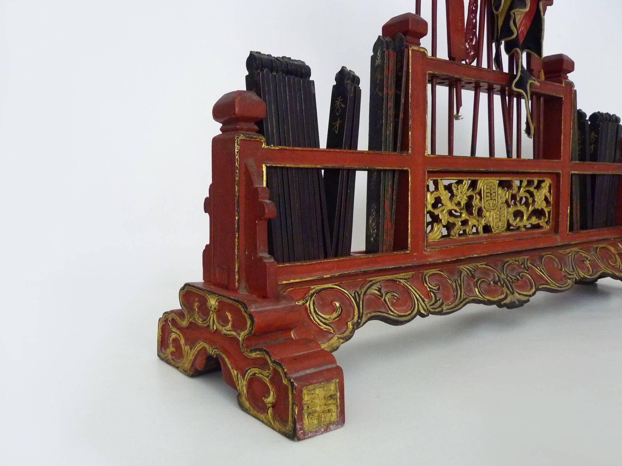 Antique Chinese board game in red and gold carved wood. 1950s