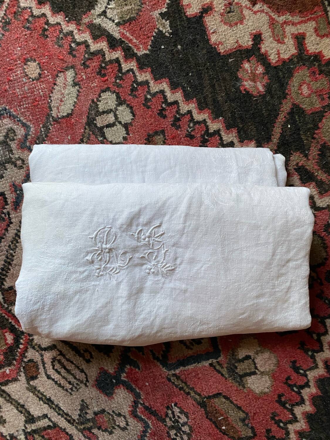 RG embroidered linen damask tablecloth late 19th century.