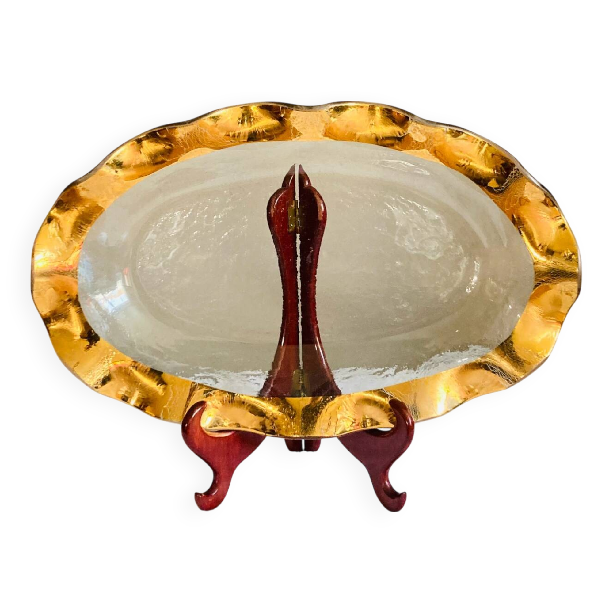 Oval dish signed Annie Glass 38/35 made in the USA wavy edge gilded with fine gold