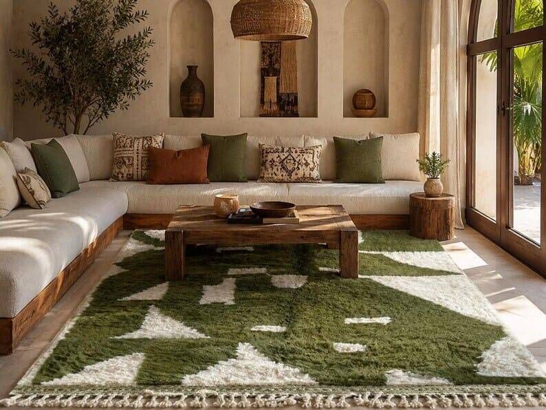 Authentic pure wool Moroccan rug in green and white, 2/3 m.
