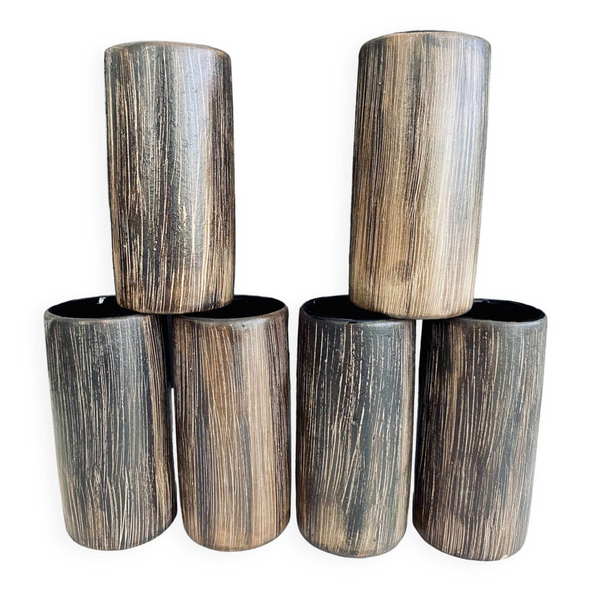 Six terracotta glasses, matt and glazed