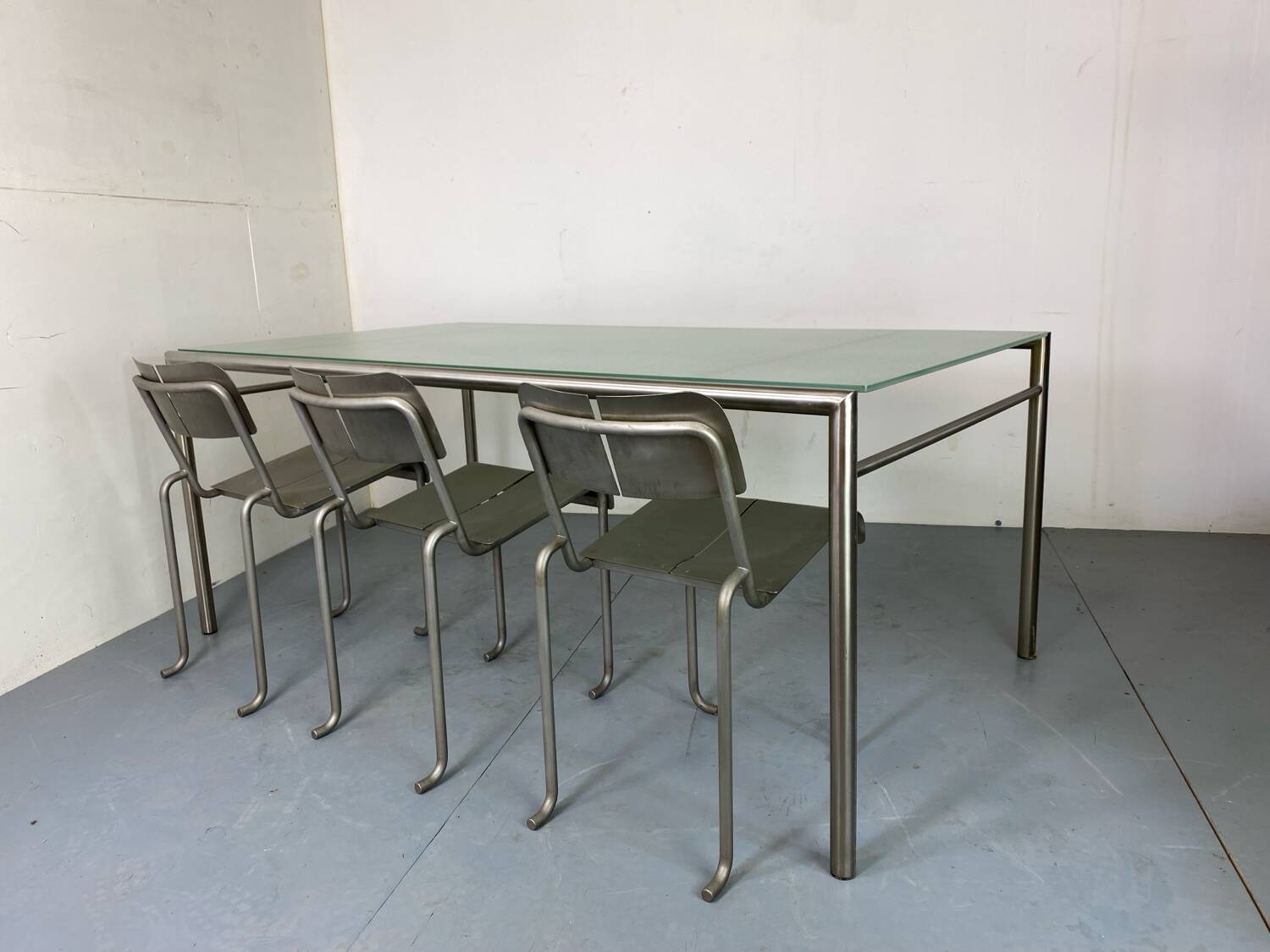 Memphis Architectural Stainless Steel French Dining Chairs, 1980s Set of 4