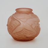 Art deco ball vase in pink glass paste with bird decoration